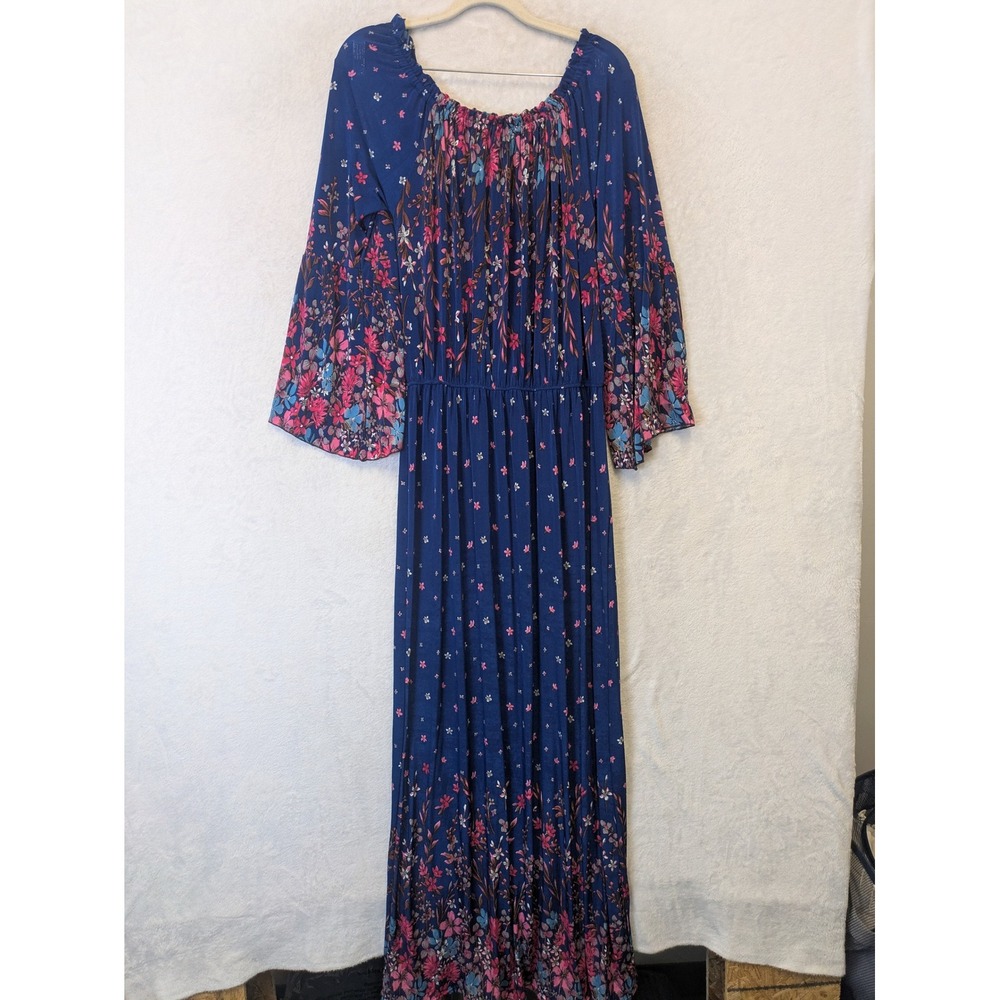 Ace Fashion Blue Floral Maxi Dress 1X Boho‎ Bell Sleeve Off Shoulder NWT